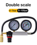 TU-21 cylinder leak-down tester kit with dual gauges, black hoses, brass fittings (front view)