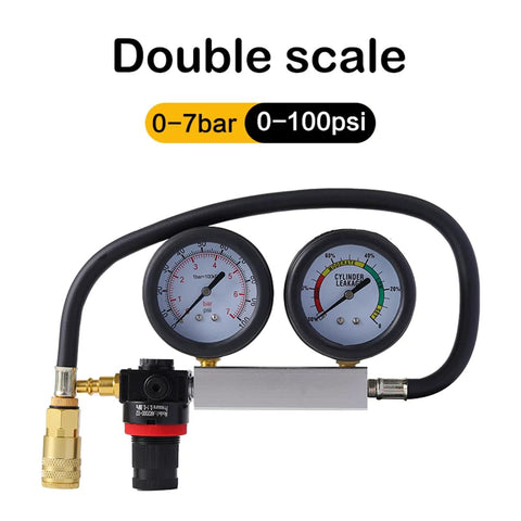 TU-21 cylinder leak-down tester kit with dual gauges, black hoses, brass fittings (front view)