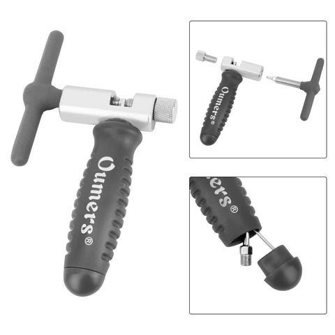 Gray bike chain breaker tool universal for 7 to 11 speed chains, compact and portable with ergonomic grip, detailed view