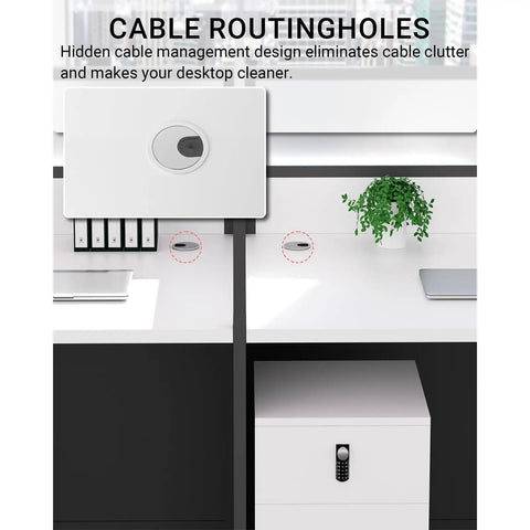 Heavy Duty Office Cubicle Workstation With Locking Filing Cabinet And No Sweat Cable Routing featuring cable management panel, clean desktop.
