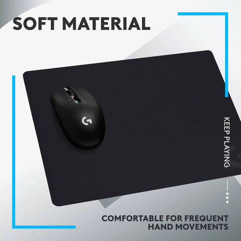 Cloth Gaming Mouse Pad With Moderate Friction For Precise Sensor Tracking Non Slip Mat For Mac And PC, shown with mouse on black surface