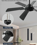 52 Inch Low Profile Ceiling Fan With Lights Remote And App Control shown with installation details, black finish, in a modern room.