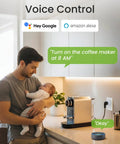 Parent holding baby in kitchen using Dual Band Smart Plug With Remote Control, Works With Alexa And Google Home, 5GHz And 2.4GHz WiFi