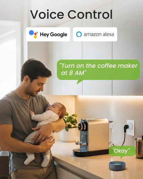 Parent holding baby in kitchen using Dual Band Smart Plug With Remote Control, Works With Alexa And Google Home, 5GHz And 2.4GHz WiFi