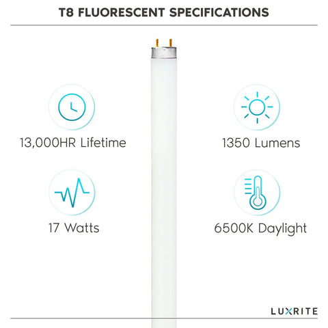 24 Inch T8 Fluorescent Tube Light Bulb 17W 6500K Daylight 1350 Lumens G13 Base Bi Pin 4 Pack Energy Saving Long Lifespan Specs