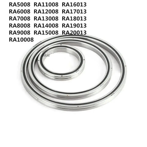 High Precision Crossed Cylindrical Roller Bearings For Rotary Tables And CNC Machines Built Tough To Run Slick In Popular Sizes 6008 7008 8008 15008 And 18013UUCC0P5 displayed in varying diameters.