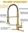 High Arc Kitchen Faucet with Pull Down Sprayer and 360 Degree Swivel, Brushed Gold Finish, Three Function Sprayer Head Labeled