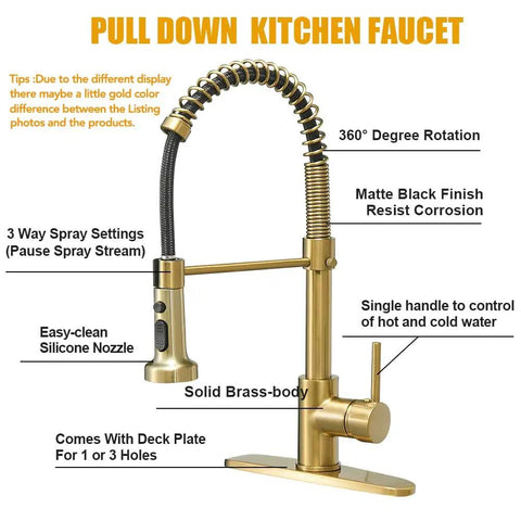High Arc Kitchen Faucet with Pull Down Sprayer and 360 Degree Swivel, Brushed Gold Finish, Three Function Sprayer Head Labeled