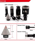 Diamond Core Drill Bit Set for Tile and Masonry, showing nine bits with measurements and 5/8-11 thread, for various materials.