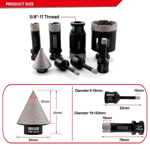 Diamond Core Drill Bit Set for Tile and Masonry, showing nine bits with measurements and 5/8-11 thread, for various materials.