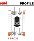 Diagram of Freud #99-036 router bits setting tongue and groove width from 7/32" to 3/8". "Use shims to vary width."