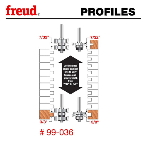 Diagram of Freud #99-036 router bits setting tongue and groove width from 7/32" to 3/8". "Use shims to vary width."