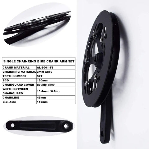 52T 130BCD Crankset For City And Folding Bikes, 170mm Crank Arm, Square Taper, Fits 9 16 Inch Pedals; Side view and specifications