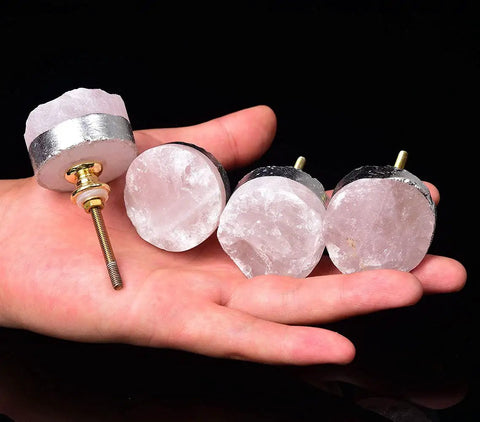 Rose Quartz Drawer Knobs Set Of 4 With Silver-Plated Edge Pink Stone Cabinet Knob Handles For Kitchen Wardrobe Cupboard Handmade Crystal Pulls For Bedroom Dressers And Kitchen Cabinets Great Gift Idea shown on hand