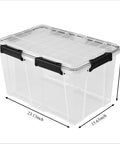 Heavy Duty Clear Plastic Storage Tote With Secure Lock Latch 54 Quart Transparent Waterproof Crate dimensions shown from the side.