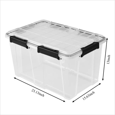 Heavy Duty Clear Plastic Storage Tote With Secure Lock Latch 54 Quart Transparent Waterproof Crate dimensions shown from the side.