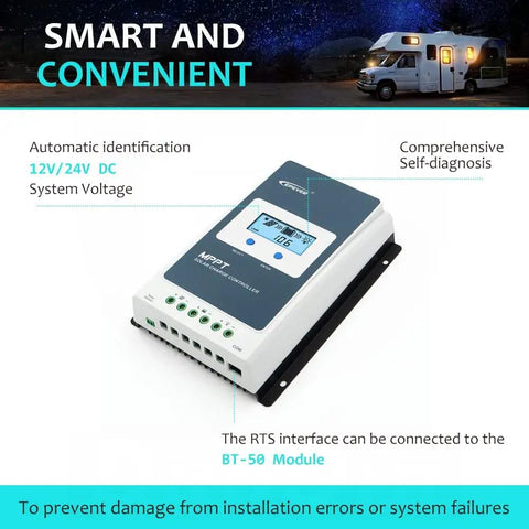 30A MPPT Solar Charge Controller With LCD Display, Auto 12V/24V Operation on display, showing comprehensive diagnostics.