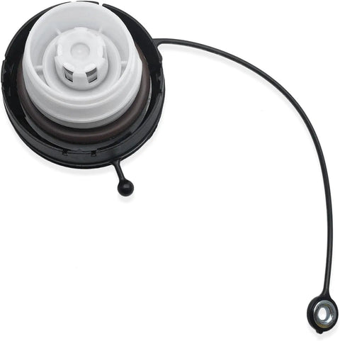 Honda Gas Cap Replacement 17670-SHJ-A31 black and white premium quality fuel cap with attached tether, top view.