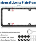 Universal Carbon Fiber License Plate Frame For Us Cars Tag Holder Cover With Screw Caps Four Bolt Mount Lightweight Rust Proof Auto Accessory details with dimensions.
