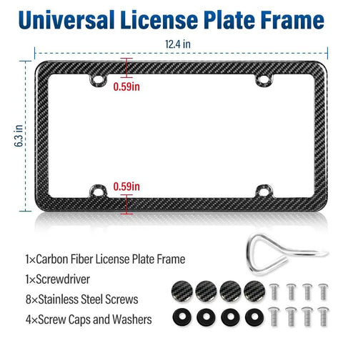 Universal Carbon Fiber License Plate Frame For Us Cars Tag Holder Cover With Screw Caps Four Bolt Mount Lightweight Rust Proof Auto Accessory details with dimensions.