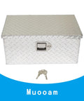 Badass Heavy Duty Twenty Inch Aluminum Diamond Plate Tool Box With Rock Solid Sealed Locks And Grippy Side Handles For Pickup Truck Bed Storage, closed view with keys.