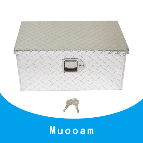 Badass Heavy Duty Twenty Inch Aluminum Diamond Plate Tool Box With Rock Solid Sealed Locks And Grippy Side Handles For Pickup Truck Bed Storage, closed view with keys.