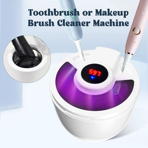 Toothbrush and makeup brush cleaner machine with digital display and two brushes inserted
