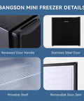 1.1 Cu Ft Upright Mini Freezer In Matte Black For Dorms And Small Bedrooms showcases recessed handle and stainless steel door.