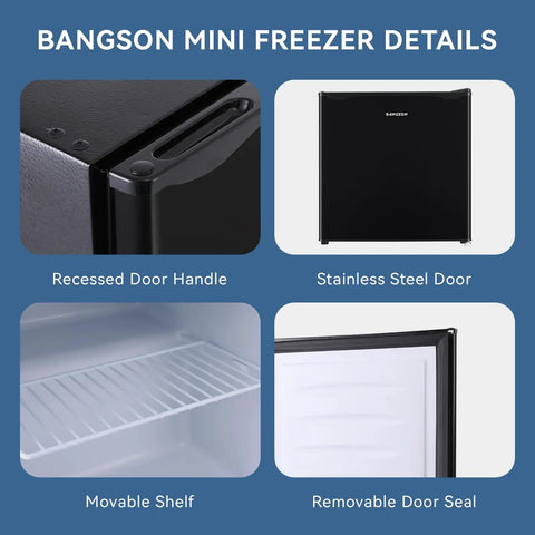1.1 Cu Ft Upright Mini Freezer In Matte Black For Dorms And Small Bedrooms showcases recessed handle and stainless steel door.