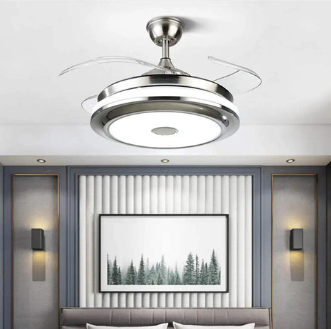36 Inch Modern Ceiling Fan With Light Smart Bluetooth Music Player Chandelier Style Three Color Options 3 Speeds Invisible Blades Remote Control Silent Copper Motor LED Light Kit Included installed in living room