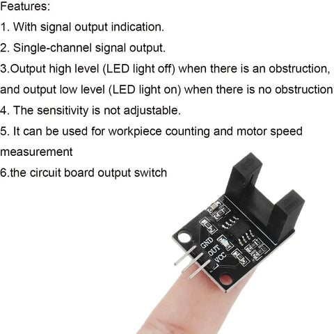 LM393 H2010 infrared photoelectric sensor module held on fingertip, features list on left, DIY friendly with 10mm slot and Dupont cable