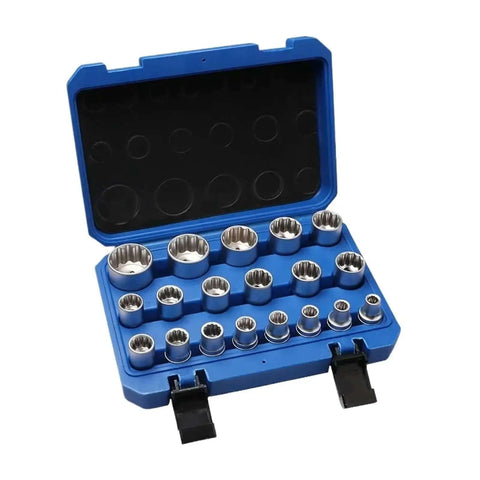 Super Heavy Duty 12 Point Socket Wrench Set Up To 32mm With Locking Storage Box For Torx Hex And Splined Bits open case