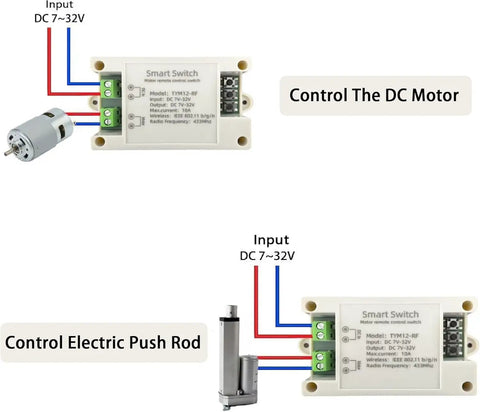 Diagram of WiFi Forward And Reverse Relay Module 10A 7 To 32V DC For Linear Actuators And Motors Tuya And Alexa Compatible with wiring setup.