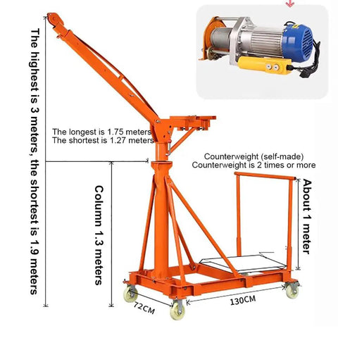 Heavy Duty Electric Hoist Crane With Adjustable Boom And Four Rolling Casters 500Kg Workshop Engine Lifter dimensions on display.