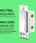 Long Range Z-Wave Dimmer Switch S2 800LR White For No-Fuss 3-Way And 4-Way Setups with load details and requirements