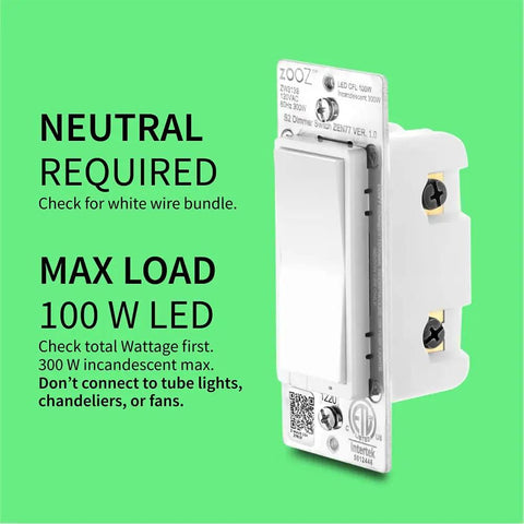 Long Range Z-Wave Dimmer Switch S2 800LR White For No-Fuss 3-Way And 4-Way Setups with load details and requirements