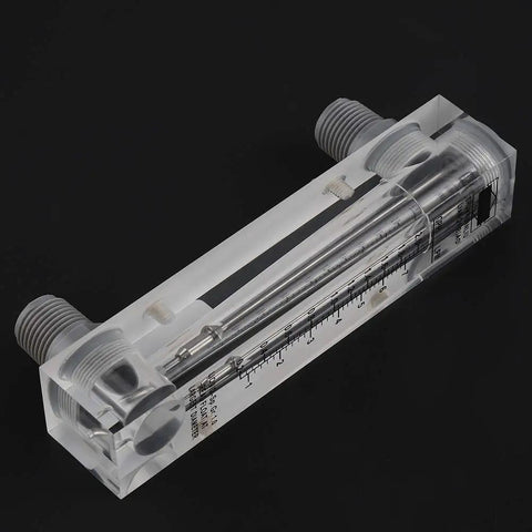 Glass Panel Liquid Flow Meter For Water 0.2-2 GPM And 1-7 LPM with clear dial, glass body, side view on black background
