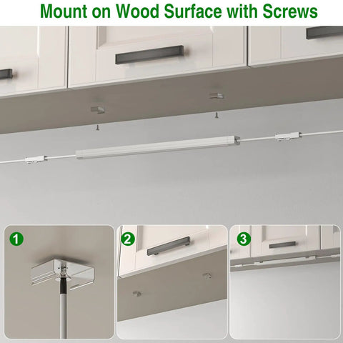 Installation of Under Cabinet Lighting Kit Dimmable 12 Inch LED Closet Lights With Plug In And Hardwired Options shown on wood surface.