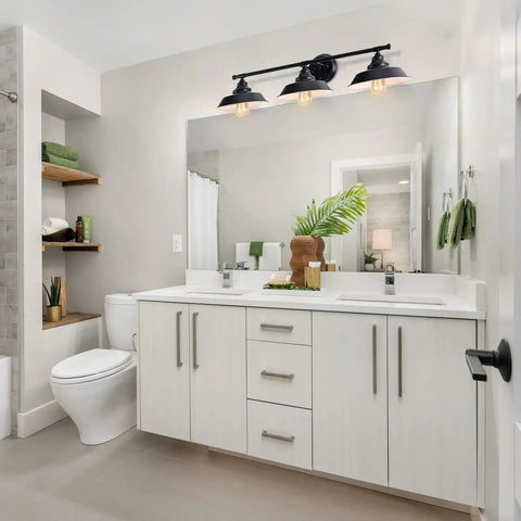 Farmhouse Black 3 Light Vanity Light Fixture For Bathroom Kitchen Hallway Dressing Table With Matte Black Finish And White Interior For Bright Downlighting shown in a modern bathroom setting.
