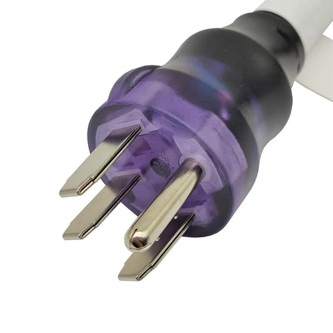 Close-up of RV Shore Power 50A Extension Cord Adapter NEMA 14-50P plug, showing heavy-duty copper prongs and straight plug design.