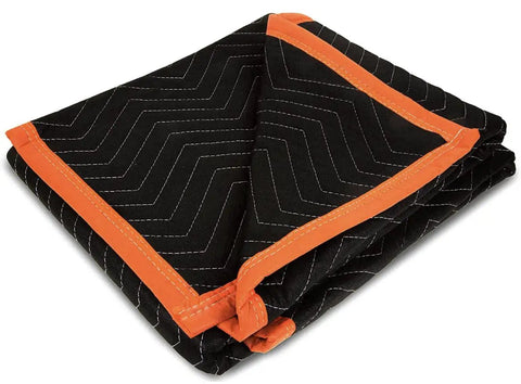 Folded black and orange Heavy Duty Padded Moving Blankets 72 By 40 Inches, 12 Pack For Safe Furniture Moving on white background.