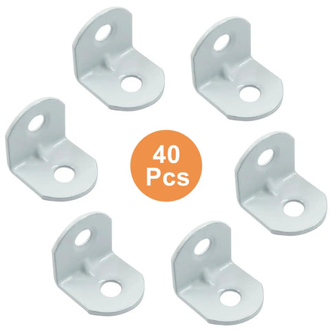 Forty Piece Heavy Duty White L Bracket Corner Brace Kit With Screws Solid Metal Right Angle Mounting Hardware for Shelving Tasks