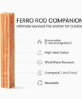 Fatwood Fire Starter Sticks Pack Resin Rich Tinder Waterproof And Windproof For Camping Hiking Bushcraft And Survival Gear Includes Four Three Point Nine Inch Sticks With Pre Drilled Hole For Ferro Rod standing upright next to survival features list.