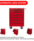 Premium 7 Drawer Rolling Tool Chest With Slick Ball Bearing Slides And Locking Caster Wheels, Beefy Carbon Steel Mechanics Cabinet front view with automatic lock system.