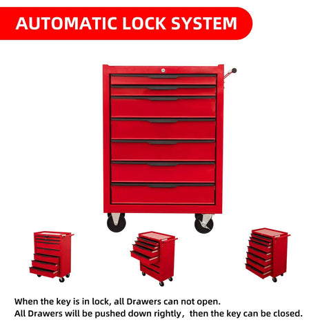 Premium 7 Drawer Rolling Tool Chest With Slick Ball Bearing Slides And Locking Caster Wheels, Beefy Carbon Steel Mechanics Cabinet front view with automatic lock system.