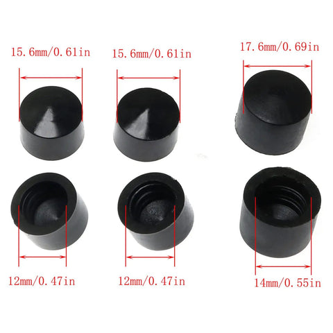 Pro Grade Rubber Pivot Cups For Skateboard And Longboard Trucks Replacement Set With Hardware Includes Four Medium Size And Two Large Size Fits Most Trucks, black rubber pivot cups dimensions displayed