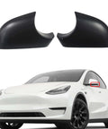 Top Shelf Pair Left And Right Side Door Wing Mirror Lower Cover Holder Tray Rearview Mirror Cap Bottom Trim Drop In Replacement For Tesla Model Y 2020 To 2023 Gloss Black Trim, showing glossy black caps.