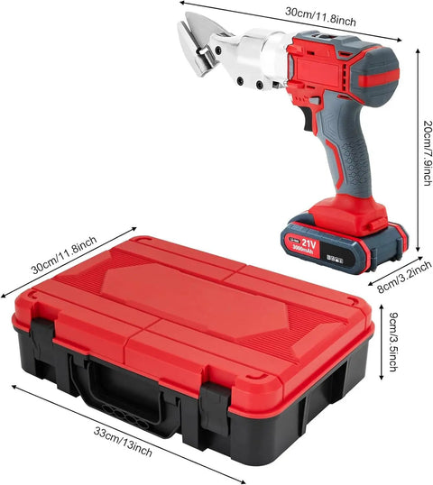 Heavy Duty 21V Cordless Sheet Metal Shear With Brushless Motor And Batteries with red tool case and chrome vanadium steel head.