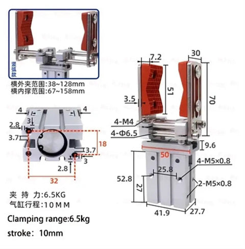 Technical drawing of a finger cylinder adjustable telescopic frame mechanical arm fixture widened chuck parallel gripper for sixteen D and twenty D pneumatic accessories twelve pack ideal for precision manufacturing and robotic assembly work.