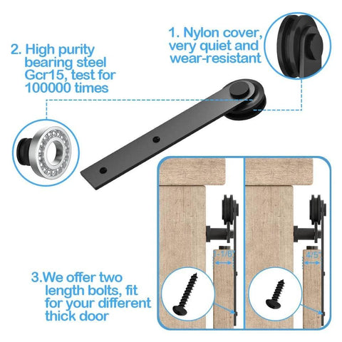 Components of 5 Foot Small Sliding Barn Door Hardware Kit for Double Doors, featuring bolts, tracks, and nylon-covered pulley.